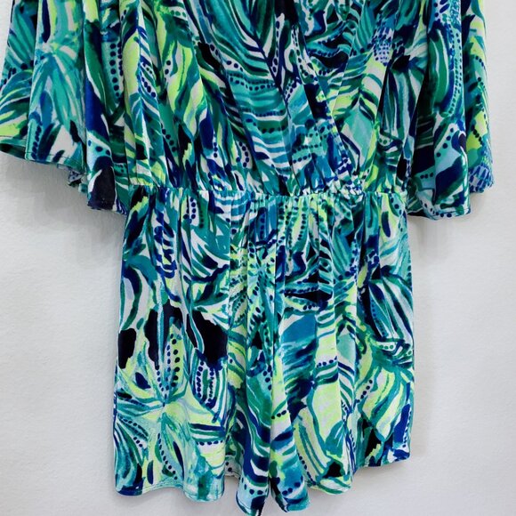 Lilly Pulitzer Viviana Romper Green Navy Armadilly Tropical Velour Medium - Picture 6 of 15